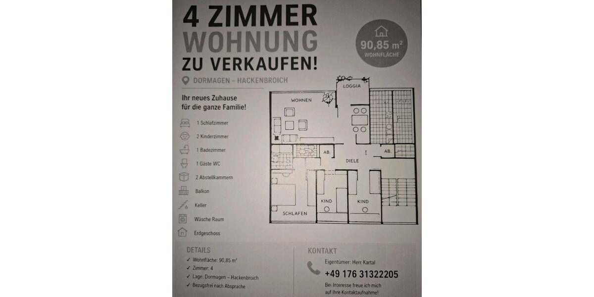 Erdgeschoßwohnung Dormagen Hackenbroich - 4 Zimmer, 91 m&sup2;, 240.000&euro; | Angebot:27535731