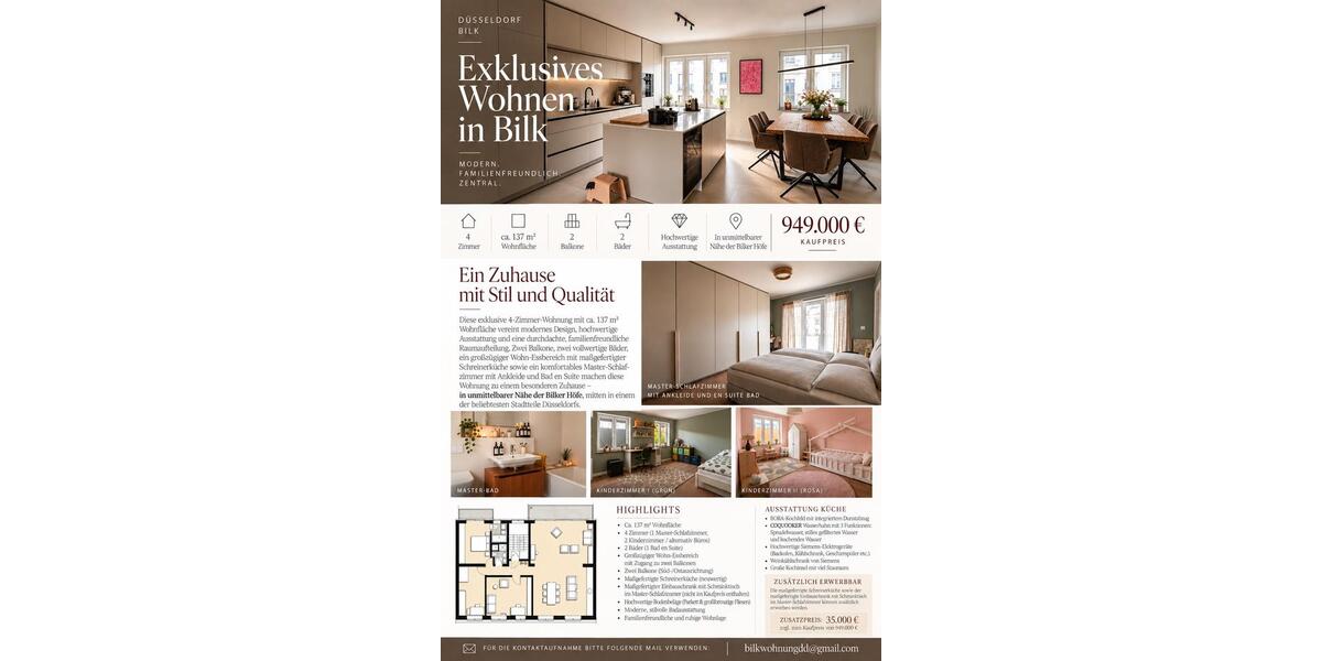 Etagenwohnung Düsseldorf Stadtbezirk 3 - 4 Zimmer, 137 m&sup2;, 949.000&euro; | Angebot:27514319