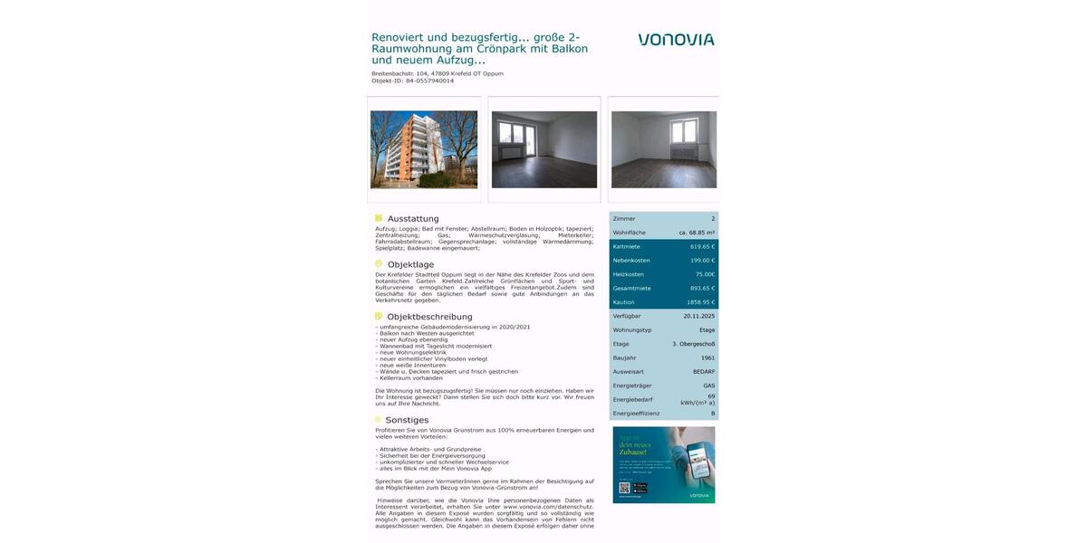 Etagenwohnung Krefeld Gellep-Stratum - 2 Zimmer, 69 m&sup2;, 900&euro; | Angebot:27544588
